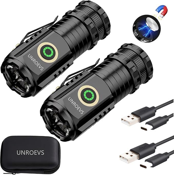 Mini Flashlight 2550 Lumens Rechargeable USB C Charging, Small Flashlights High Lumens 5 Modes, Pocket Flashlight with Clip, Magnetic Flashlight for EDC,Camping, Hiking,Emergency(2 Pack)