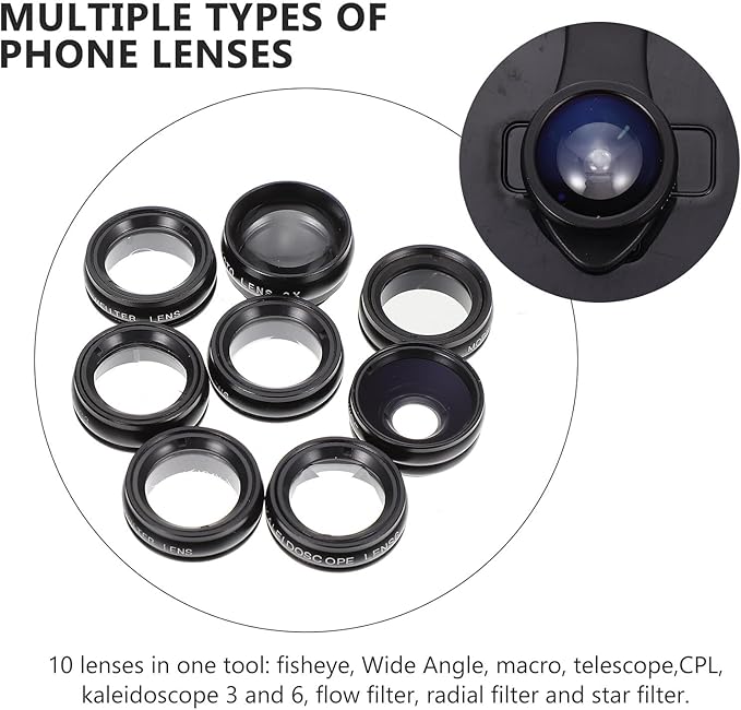 Kisangel 10-in-1 Multifunctional Clip-on Phone Camera Lens Kit, Wide Angle and Macro Lenses Compatible with Smartphones, Black External Mobile Phone Lens Set for Photography Enthusiasts