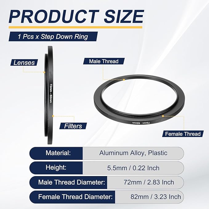 PATIKIL Step-Up Ring Adapter 72mm to 82mm, Filter Step-up Rings Camera Lens Filters Metal Ring Digital for ND IR DSLR Lenses, Black