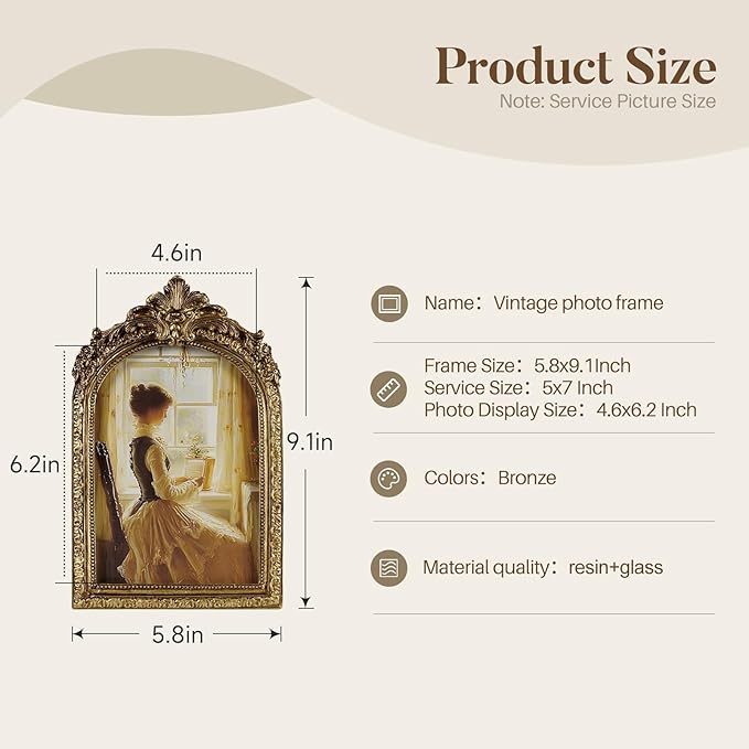Cuspin Vintage Picture Frames 5x7 Gold Frame, Gold Ornate Resin Photo Frame with Glass Front for Tabletop and Wall Mounting, Antique Arched Picture Frame for Home Decor