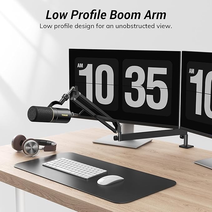 Tonor Mic Arm Desk Mount, Low Profile Boom Arm, Microphone Arm, Adjustable Mic Stand with Desk Mount Clamp, Cable Management, 3/8’’ and 5/8’’ Screwadapter for Most Microphone, Black, T20LP