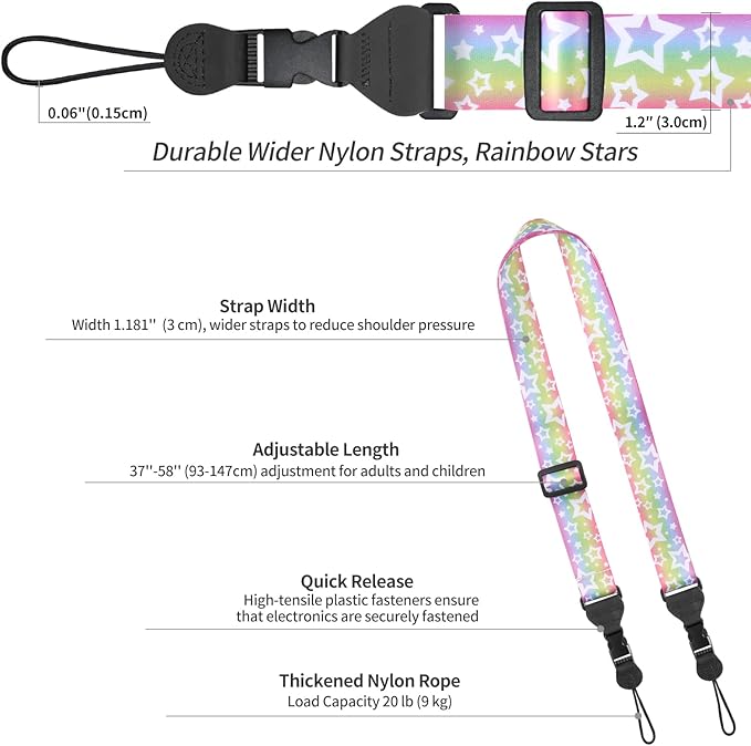 Adjustable Shoulder Strap, Nylon Camera Strap, Comfortable Neck Strap for iPad, Cellphone Tablet, Camera, Laptop, Binocular, Luggage Bag (Rainbow Stars Universal Lanyard)