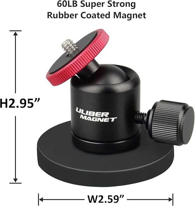 ULIBERMAGNET 60lb Magnetic Camera Mounting Base with Mini Ball Head, Super Strong Rubber Coating Neodymium Magnet with 1/4’’-20 Male Thread Stud for Security Camera.