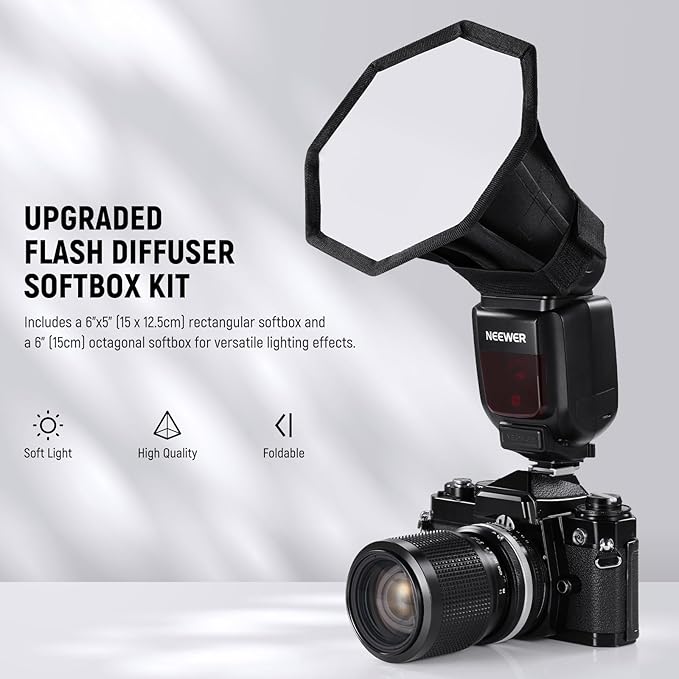 NEEWER Upgraded Flash Diffuser Speedlight Softbox Collapsible 2 Pack, (5.9"/15cm Octagon, 6"x5" Rectangular) for Z2 Z1 V1 Round Head Flashes and Compatible with Godox Sony Nikon Canon Flash, NS5P