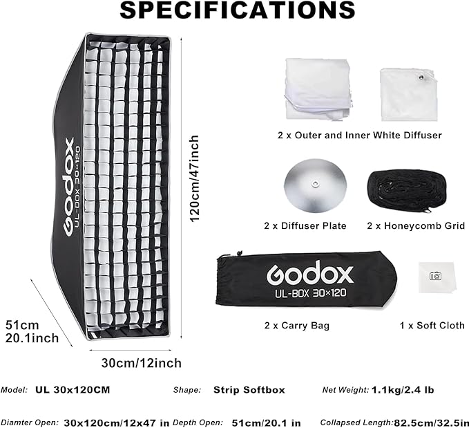 Godox 2pc Quick Release Strip Softbox,UL 12"x47"/30x120cm Bowens Mount Soft Box with Grid,Diffuser,Carry Bag for Studio Strobe Flash Continuous Light,Outdoor Photography Video Recording,Live Streaming