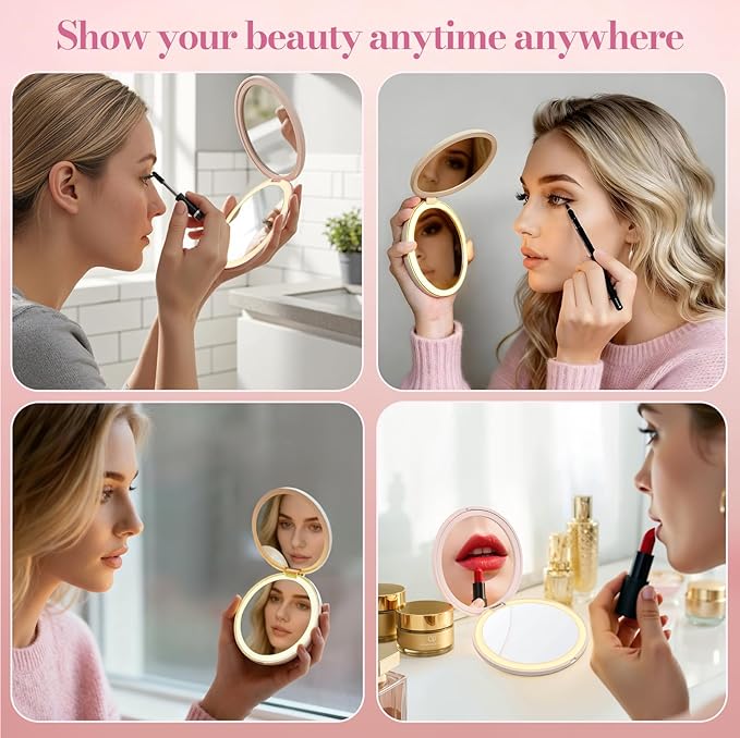 Infinity Travel Lighted Makeup Mirror, Abyss LED Compact Pocket Mirror with Light for Purse, Mini Small Light Up Mirror with 3 Color Lightling, Rechargeable, Handheld,Portable, Folding White