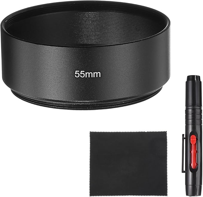 PATIKIL Lens Hood Shade, 55mm Mid-Focus Mount Standard Screw-in Metal Camera Cap Shade with Cleaning Cloth and Cleaning Pen, Black
