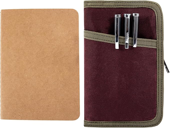 Field Notes Notebooks Cover with Blank Kraft Notebook,Journal Cover for 3.3 x 5.5 Field Notes Moleskine Cahier,Waxed Canvas Pocket Notebook Cover for Journal Notebook Planner with Zipper Pen Holder