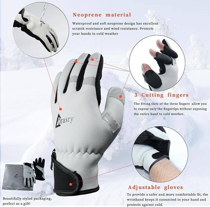 Drasry Neoprene Fishing Gloves Touchscreen 3 Cut Fingers Warm Cold Weather Suitable for Men and Women Ice Fishing Fly Fishing Photography Motorcycle Running Shooting