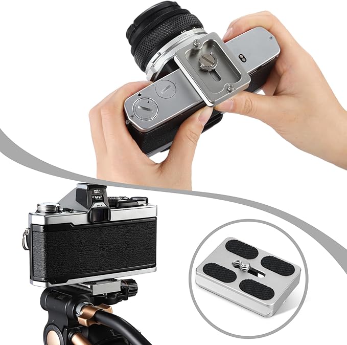Frienda 2 Pieces Metal Quick Release Plate with 1/4''-20 Camera Screw Tripod Mount Plate Fits Standard for DSLR Camera Tripod Ball Head(Titanium Color,Pu50)