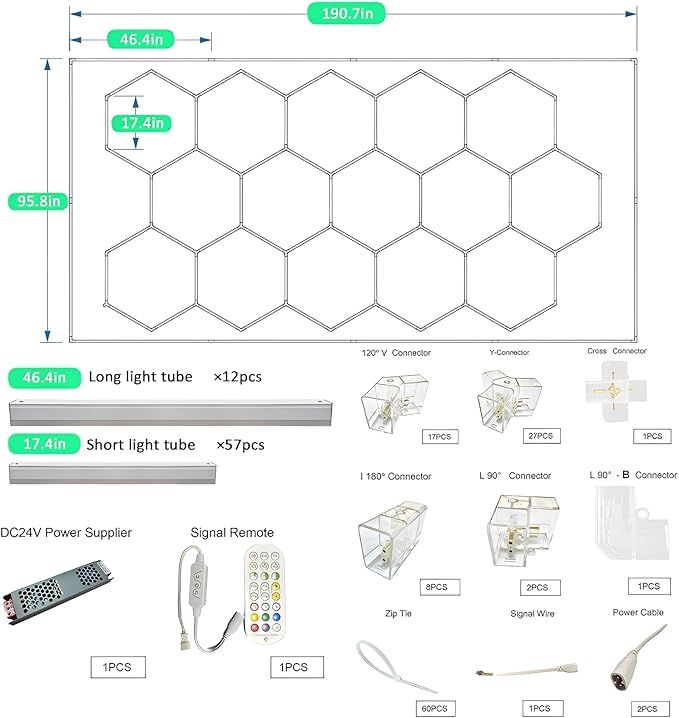 Hexagon Garage Lights with Multi-Coloured Rectangle Frame, High Bright 6500K 14 Grid Hexagon LED Ceiling Light Colourful Hexagonal Garage Light For Car Decoration, Workstation and Workshop Lighting