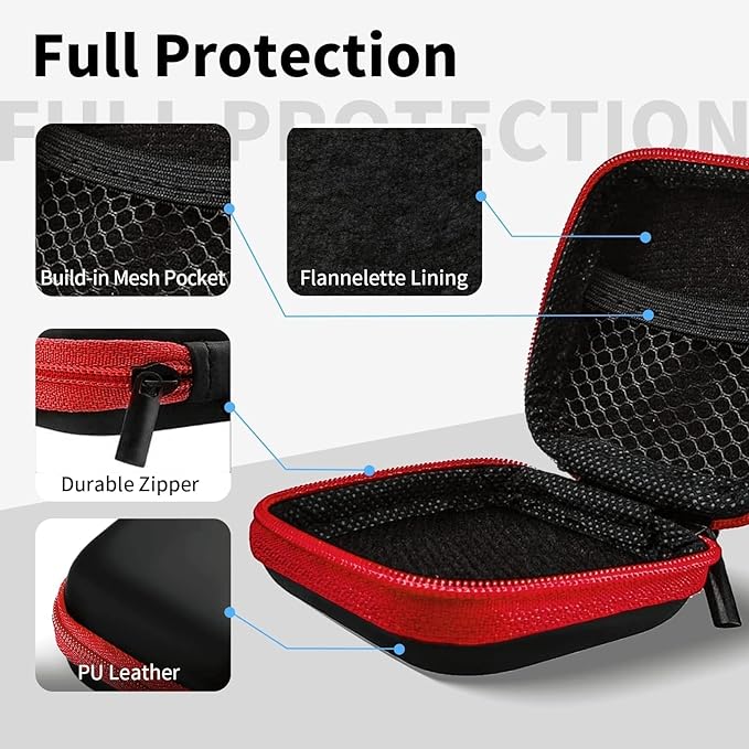 MOLOVA Square Earbud Case Portable EVA Carrying Case Storage Bag Tech Pouch Cell Phone Accessories Organizer with Carabiner for Earphone, Earbud, Earpieces, SD Memory Card, Camera Chips, Red