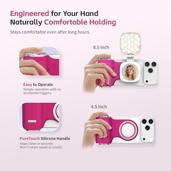 COMITOK iPhone Camera Grip MOCA with Magnet Fill Light & Mirror for 17 Pro iOS26 Native Camera, Fun Shot Magnetic Grip for Phone Compatible iOS17 and iOS18 with Anti-Drop Detachable Remote & Keychain
