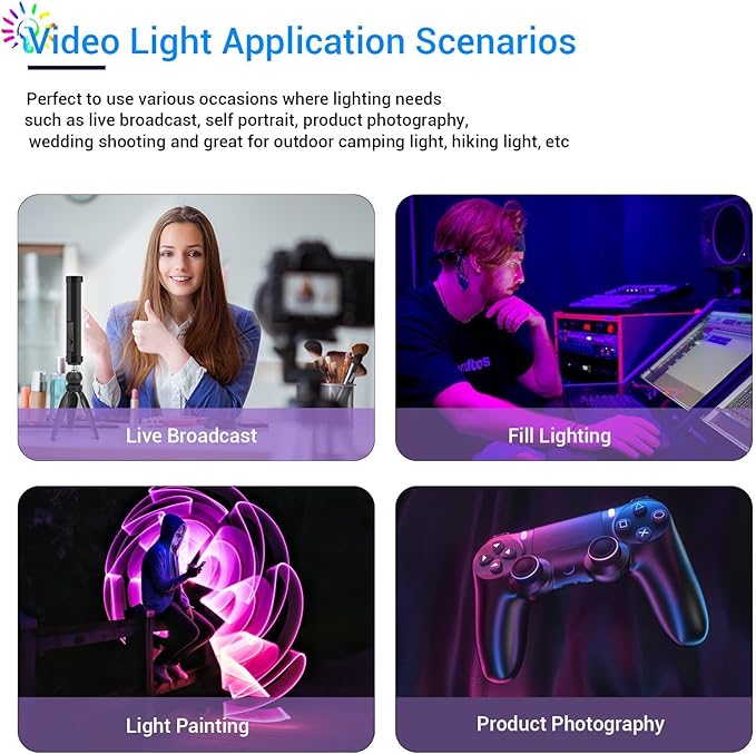 LUXCEO Multicolor RGB LED Video Light Wand - 2000mAh Rechargeable Mini Light Stick for Video Shooting, Professional Tube Lights with Magnetic Base for YouTube, TikTok (Black)