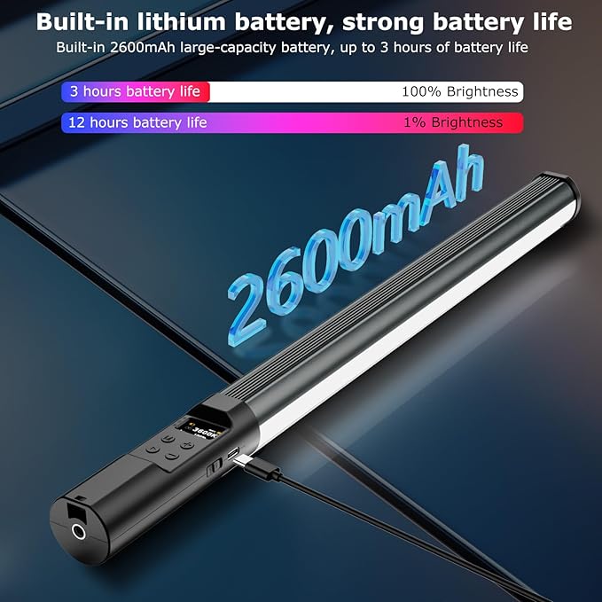 RGB Light Wand, 10W LED Video Lighting Wand Stick for Vlog TikTok YouTube Studio Photography Recording Streaming, 2500K~9900K CRI96+ TLCI98+ 24 Pixel Effects LED Tube Light Bar with APP Control