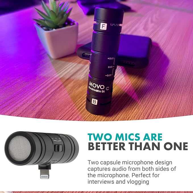 Movo DoubleMic-DI Dual Capsule Microphone for iPhone- Two-Sided Cardioid Condenser Mic for Video Recording- Professional Microphone for iPhone, iPad, iOS- Apple Lightning MFi Certified