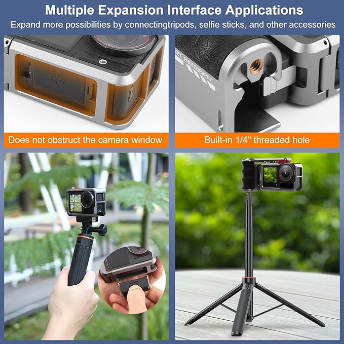 XKDAICH Metal Camera Cage with Handle Grip for DJI Osmo Action 5 Pro/Action 4/Action 3, Titanium Aluminum Alloy Expansion Adapter, Magnetic Quick-Release Street Grip Kit, Ergonomic Handle Holder