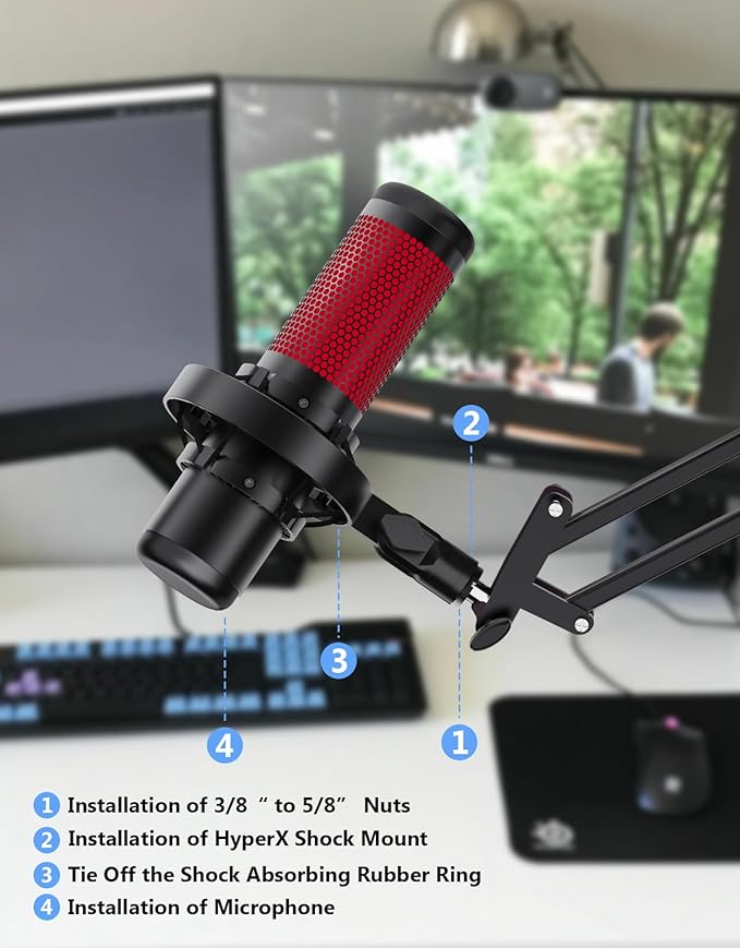[2026 Upgrade] Microphone Shock Mount for HyperX QuadCast with 3/8" or 1/4" Screw Adapter, Works with HyperX QuadCast Microphone Stand & Boom Arm Durable Replacement Accessory for Mic