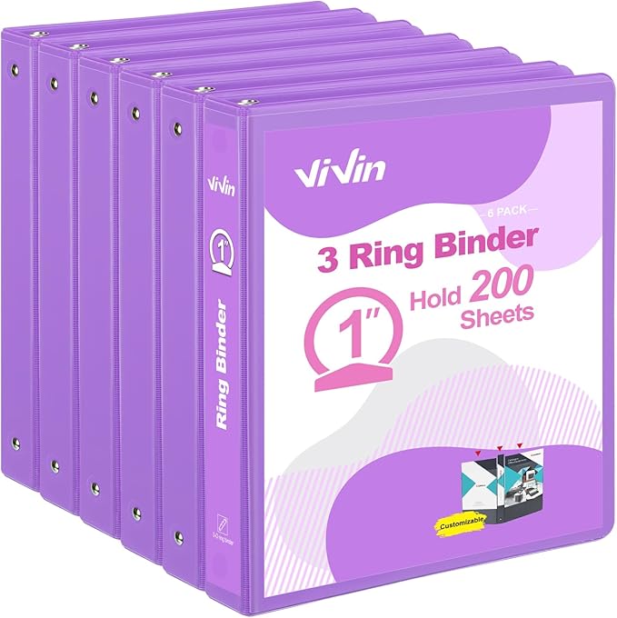 ViVin 1 Inch Round Ring View Binder for Durability, Standard 3 Ring Binder for 200 Sheets of US Letter Size Paper, PVC-Free, 6-Pack (Purple)