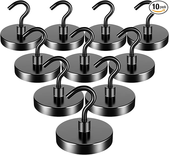 FINDMAG 10 Pack 110LBS Heavy Duty Magnetic Hooks for Hanging, Neodymium Magnet Hooks Strong Black Magnetic Hooks, Magnet with Hooks for Home, Kitchen, Bathroom, Office, School