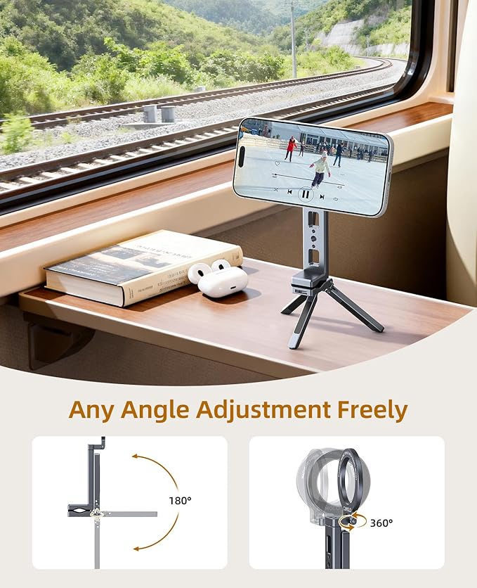 Magnetic Phone Tripod,360°Rotating Adjustable Travel Tripod Mount,Foldable Cell Phone Stand with Clip&1/4" Screw for iPhone 17/16/15/14/13/12 Pro Max&Magsafe Tripod,Fits Gym,Vlog,Travel,Kitchen