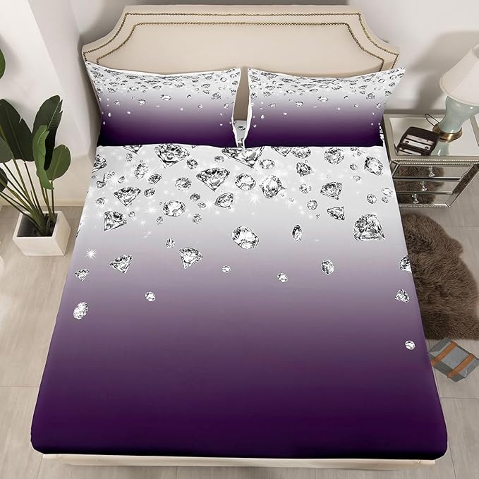 Erosebridal Purple Gradient Color Bed Sheets Set Purple Ombre Sheet Set Twin Size Modern Abstract Fitted Sheet for Adult Women Girls Gradient Diamond Flat Sheet Soft Lightweight Luxury Bedding