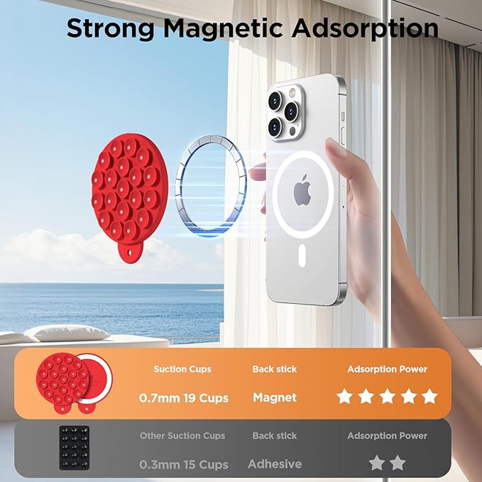 Magnetic Suction Cup Phone Mount, Compatible with MagSafe, Silicone Octo Cup Buddy Sticky Grip Holder for iPhone and Android, Removable Hands-Free Phone Stand Selfie/Video for TikTok, Red