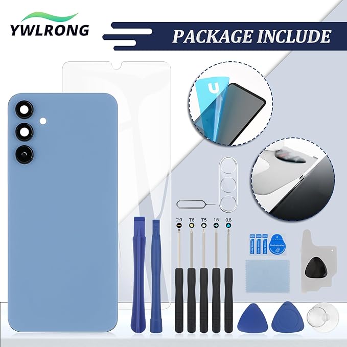 YWLRONG for Samsung Galaxy A15 Back Glass Replacement for Samsung Galaxy A15 5G A156U A15 4G A155U Rear Glass Replacement Battery Cover Housing Door Accessories Parts with Repair Tools (Blue)