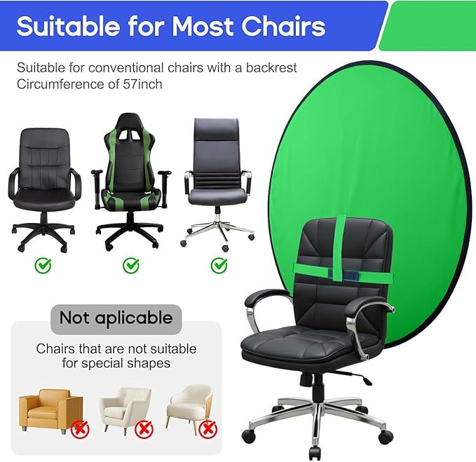 Portable Green Screen Chair, 57 in Greenscreen Backdrop with Stand Double Sided Foldable Green Background, Chroma Key, for Photography Streaming Gaming Photo Zoom Video Chats and Meeting