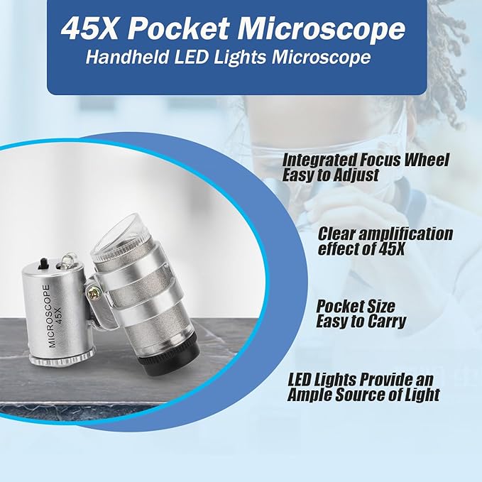 45x Magnification Mini Microscope Magnifier with 2 LED Light Pockets Jeweler Jeweler's Jewelry Microscope Magnifying Adjustable Eye Loupe
