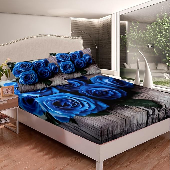 Erosebridal Blue Rose Sheet Sets Queen Size Romantic Bedding for Women Girls Rose Love Romantic Moment Print Fitted Sheet 4 Pcs Elegant Blossom Rose Flowers Bed Sheet with 2 Pillowcases
