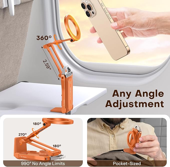OMOTON 360°Rotating for MagSafe Tripod Mount, Adjustable Aluminum Magnetic Phone Tripod for iPhone 17/16/15/14 Pro Max Air, Foldable Cell Phone Stand Fits Vlog, Gym, Travel Essentials, Orange