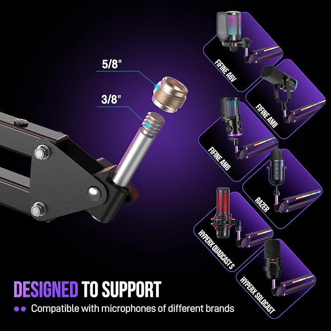FIFINE Microphone Boom Arm, Metal Adjustable Mic Arm Stand with RGB Control, 3/8” to 5/8” Screw Adapter, Desk Mount Clamp, Suspension Scissor Mic Stand for Gaming Streaming Podcast-AmpliGame BM38