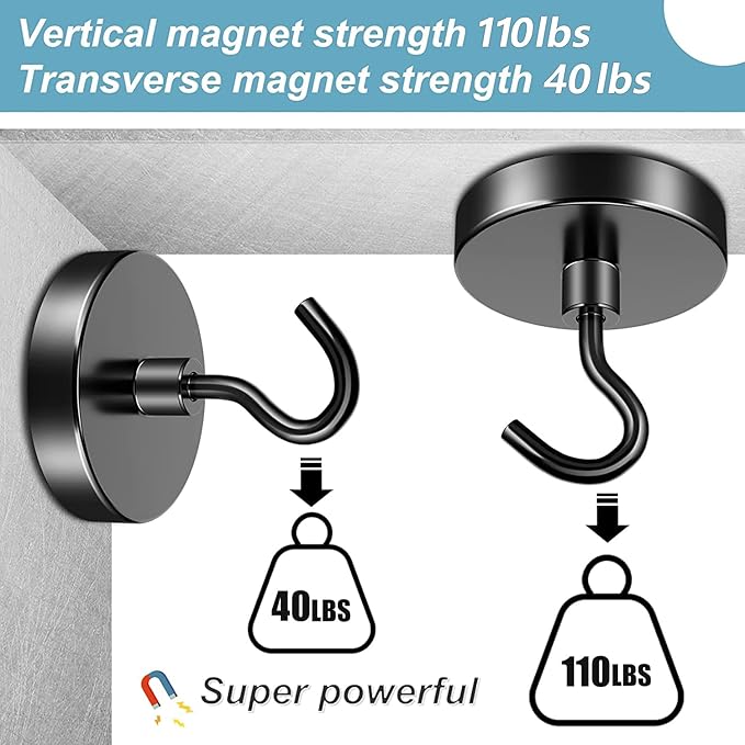 FINDMAG 6 Pack 110 LBS Magnetic Hooks Heavy Duty, Neodymium Magnet Hook, Strong Black Magnetic Hooks for Hanging, Magnet with Hook for Home, Kitchen, Bathroom, Office