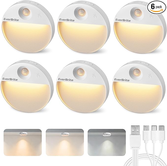 EverBrite Rechargeable Round Motion Sensor LED Night Light, Motion Activated LED Night Light with 3 Lighting Modes, Touch Control, 3 Color Temperatures & Dimmable, for Hallway, Bedroom, 6 Pack