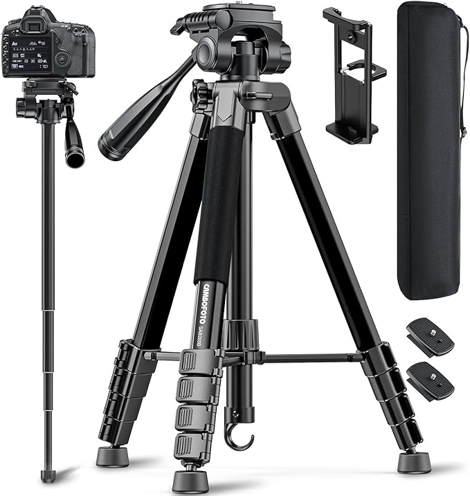 CAMBOFOTO 73" Camera Tripod and Monopod, Professional Aluminum Tripod Stand for Mirrorless Camera/DSLR/Cell Phone/Camcorder/GoPro, with Phone Holder and Travel Bag (Black)