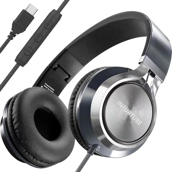 INFURTURE USB C Headphones with Mic,Volume Control,Tangle-Free Plaiting Line,Type C Headphones Wired,Lightweight Foldable for iPhone 17/15/16 Headphone Series/Tablet/School/Travel/Sports/Audiobooks