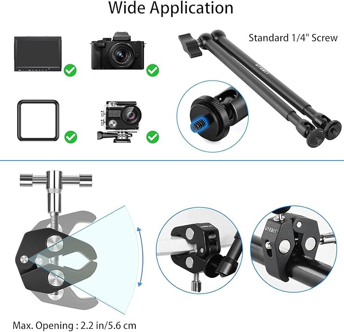 UTEBIT 22 Inch Magic Arm Camera Mount with Super Clamp 1/4" & 3/8" Screw Hole for Desk Rig Flashlight Monitor
