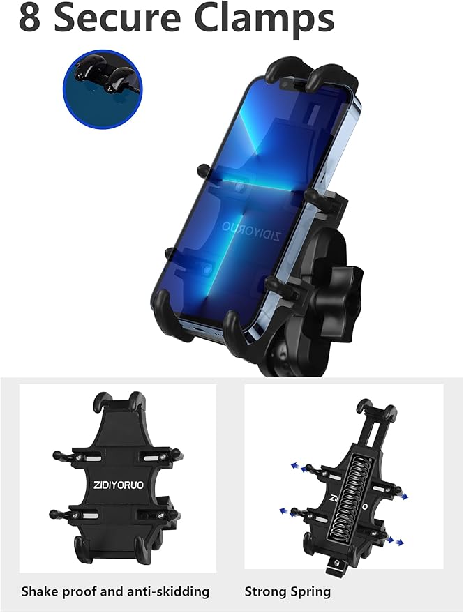 ATV Phone Holder, Quad Phone Mount, 8 Clamps Holds 4.7-7.1" Phones, One Hand Operation Motorcycle Phone Clip for 7/8-9/8" Handlebar,Compatible with Yamaha Polaris Honda Can Am