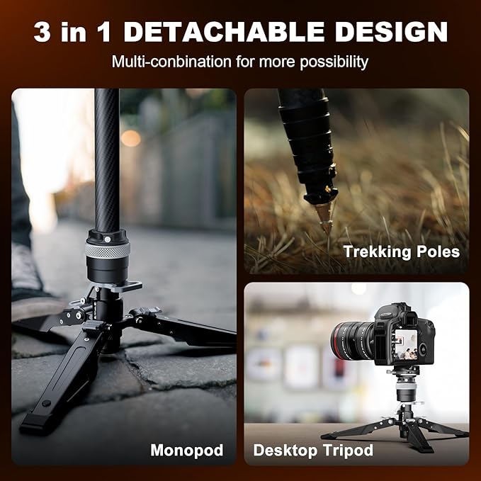 COMAN One-Click Lifting Monopod with Feet, 65’’ Travel Monopod with 360° Ball Bowl Head, Lightweight Camera Tripod with Arca Quick Release for Canon Nikon, DSLR Cameras, Max Load 22lbs/10kg (M1S)