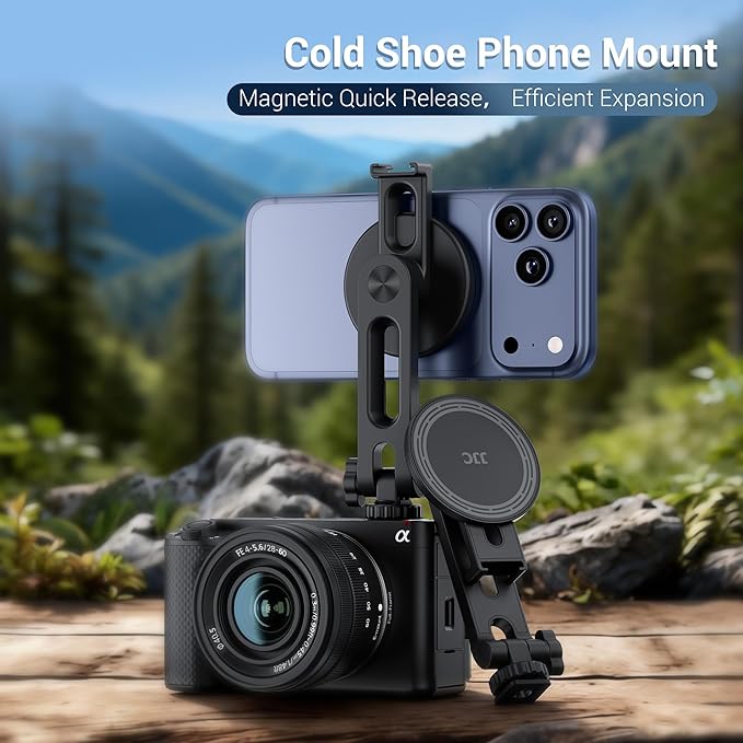 Magnetic Camera Cold Shoe Phone Tripod Mount Holder with Rotatable Cold Shoe & 1/4"-20 Hole,Adjustable Cell Phone Tripod Adapter Attachment for Magsafe iPhone 17 16 15 14 13 12 Pro Max Live Streaming