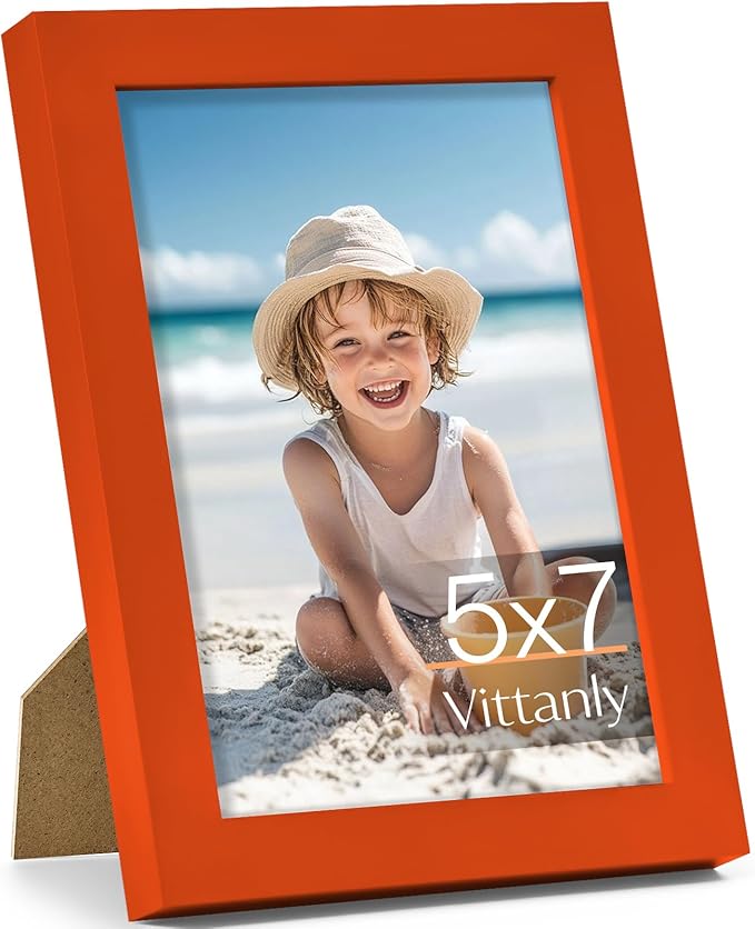 Vittanly 5x7 Picture Frame, Made of Solid Wood and Shatterproof Plexiglass, Wooden Photo Frame for Wall Mounting or Tabletop Display, Picture Frame for Home Decor with Stand, Orange, 1 Pack