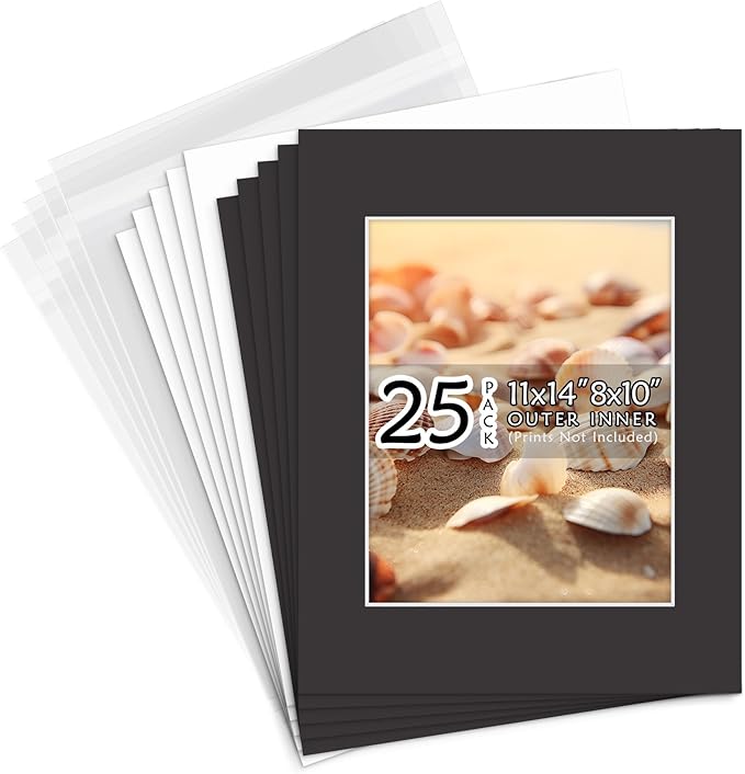 Golden State Art, Acid Free, Pack of 25 11x14 Black Picture Mats Mattes with White Core Bevel Cut for 8x10 Photo + Backing + Bags