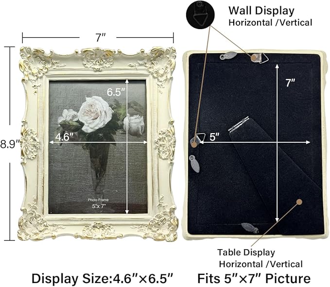 CISOO 5x7 Vintage Picture Frame Antique Ornate White with Gold Photo Frame, for Table Top and Wall Display, Decorative Floral Design Retro Home Decor, Photo Gallery Art