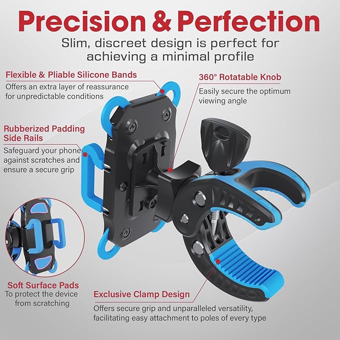 Crescendo CR-30 SlimClip Mic Stand Phone Holder, iPhone Clamp Mount, Pole Phone Mount, Microphone, Music or Drum Stand, Mic/Phone Clip - for iPhone, Samsung Galaxy, Pixel, Any Smartphone (Blue)