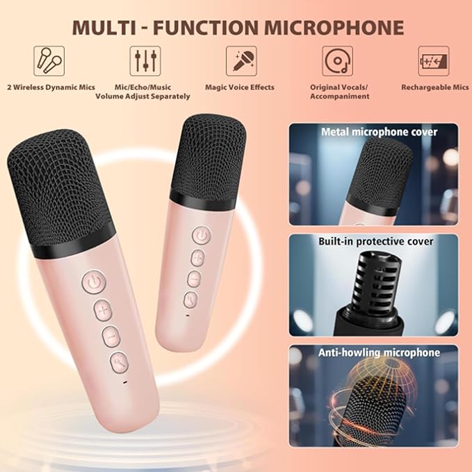 Mini Karaoke Machine for Kids,Birthday Gifts for 3-12 Year Old Girls and Boys, Portable MP3 Player with 2 Wireless Mics for Party,Pink