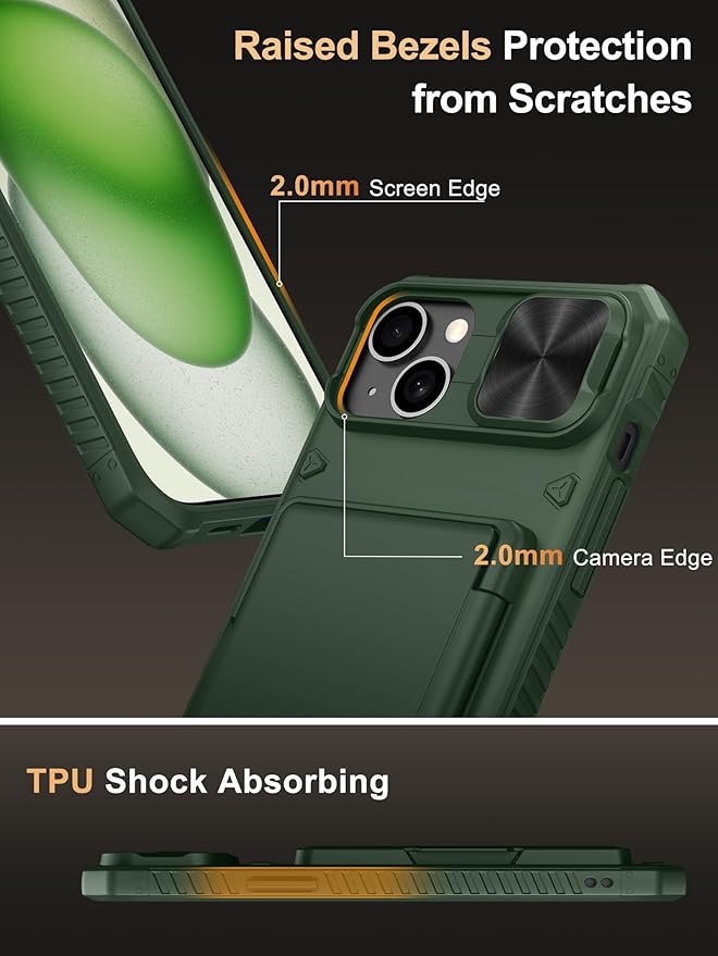 Vihibii for iPhone 15 Plus/iPhone 14 Plus Wallet Case, Built-in Card Holder (4 Cards), [RFID Blocking] & Slide Camera Cover, Military Grade Drop Protection, TPU Soft Edge Wallet Phone Case, Green