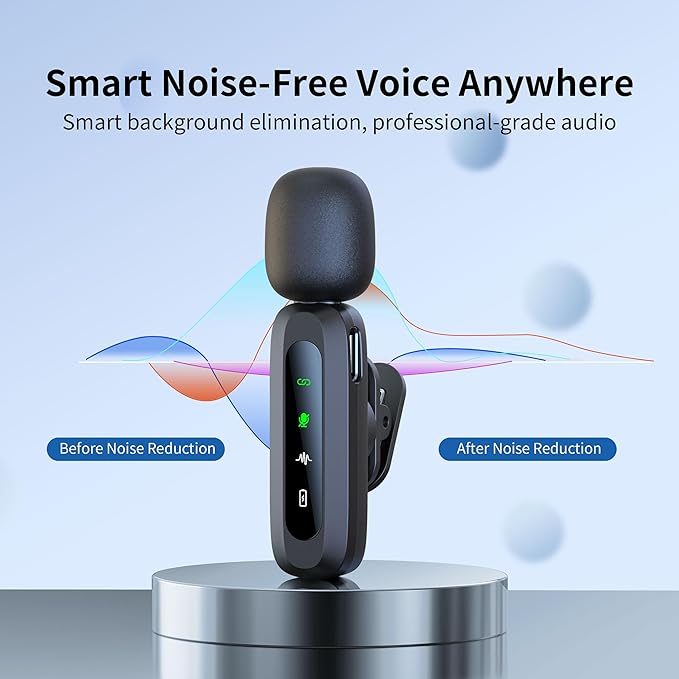Wireless Mini Microphone for iPhone 15/16, iPad, Android, Wireless Lavalier Microphone with Noise Reduction, Portable USB C Lapel Mic for Video Recording, Vlog, Tiktok, YouTube