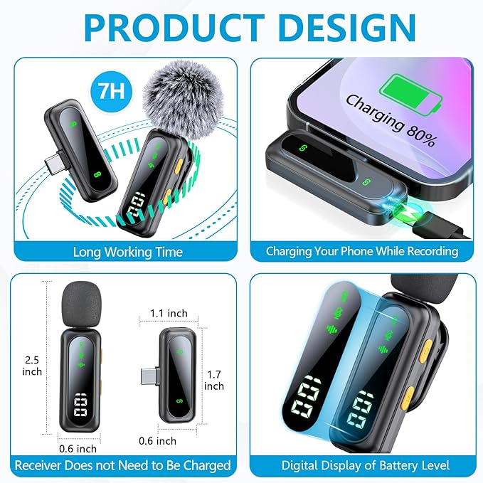 Mini Microphone for iPhone 15 16/iOS/Android Devices, LED Display Wireless Microphones for Video Recording, Lavalier Microphone Clip on Lapel Lav Mics for Vlog YouTube TikTok