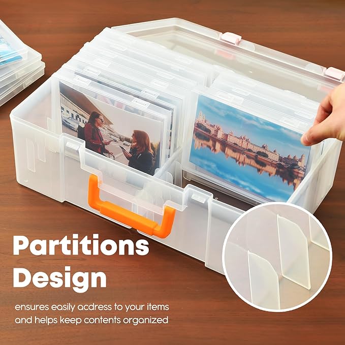 ALINK Photo Storage Box 5" x 7" with Handle, 18 pcs Inner Photo Container Organizer and Craft Keeper, Portable Picture Case with Label for Arts, Crafts, Sewing, Stickers, Office - Clear